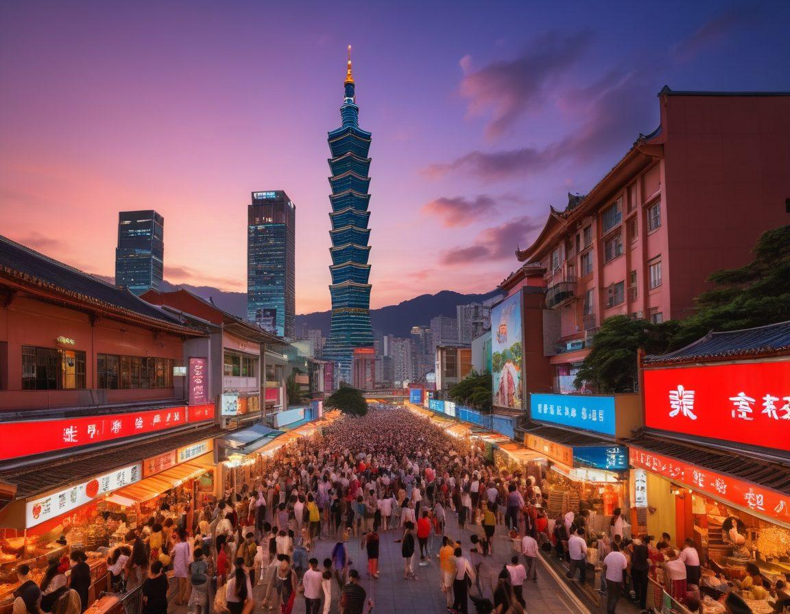A vibrant skyline of Taipei at sunset, showcasing illuminated skyscrapers and the iconic Taipei 101. In the foreground, joyful people are engaging in various entertainment activities, like street performances and enjoying local food. Banners displaying Taiwanese cultural symbols enhance the festive atmosphere. The overall mood is lively and colorful, inviting viewers to explore the joy of life in Taiwan. super-realistic. vibrant colors.
