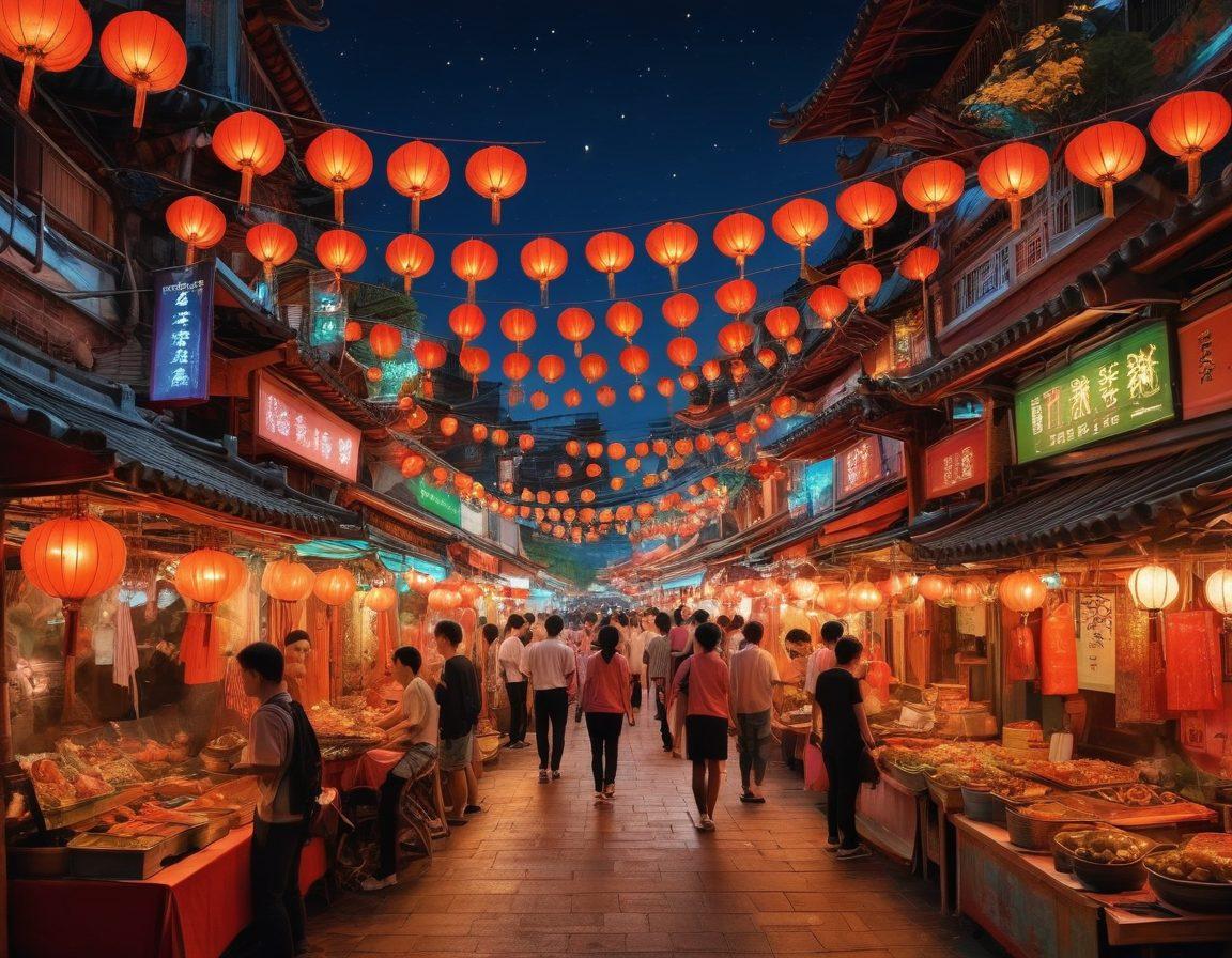 A vibrant collage showcasing Taiwan's lively entertainment scene, featuring dynamic street performers, colorful night markets, and a family enjoying a streaming experience at home. Include elements like traditional lanterns, delicious street food, and lively screens displaying popular Taiwanese shows. Use bright neon colors for a festive atmosphere. super-realistic. vibrant colors. digital art.