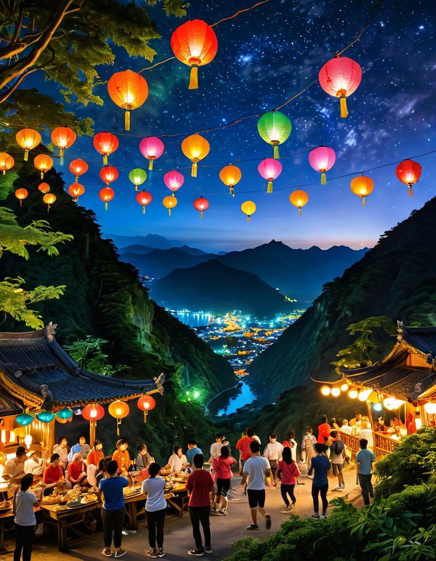 A vibrant landscape of Taiwan showcasing its lush green mountains, colorful festivals, and joyful people engaging in traditional dances. In the foreground, a group of friends laughing and enjoying local delicacies, with stunning lanterns flying in the night sky. Incorporate elements of adventure like hiking trails and cycling paths. Emphasize a lively atmosphere with bright colors and dynamic poses. super-realistic. vibrant colors.